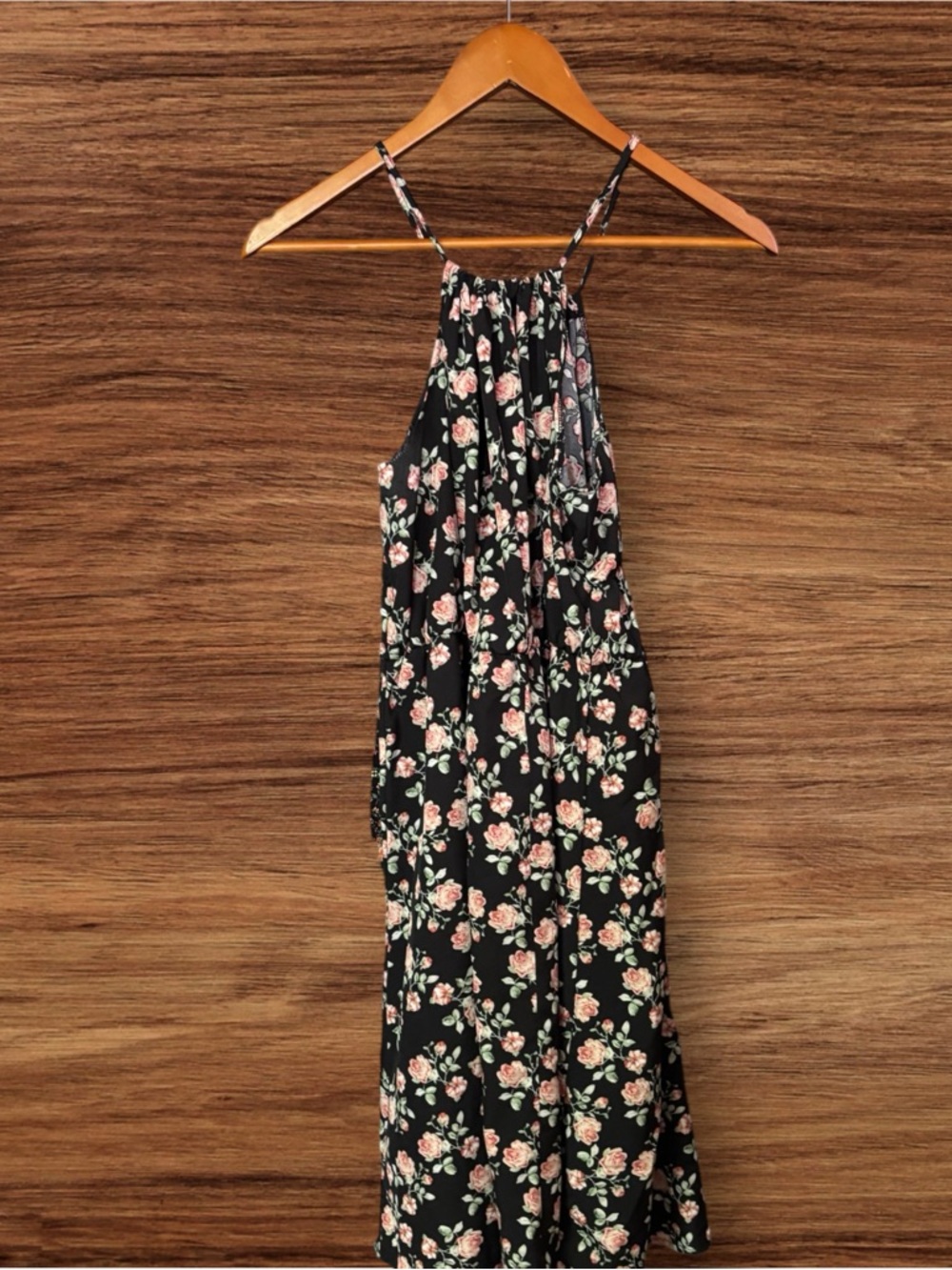 SHEIN Curve Black & Pink Rose Floral Halter Dress